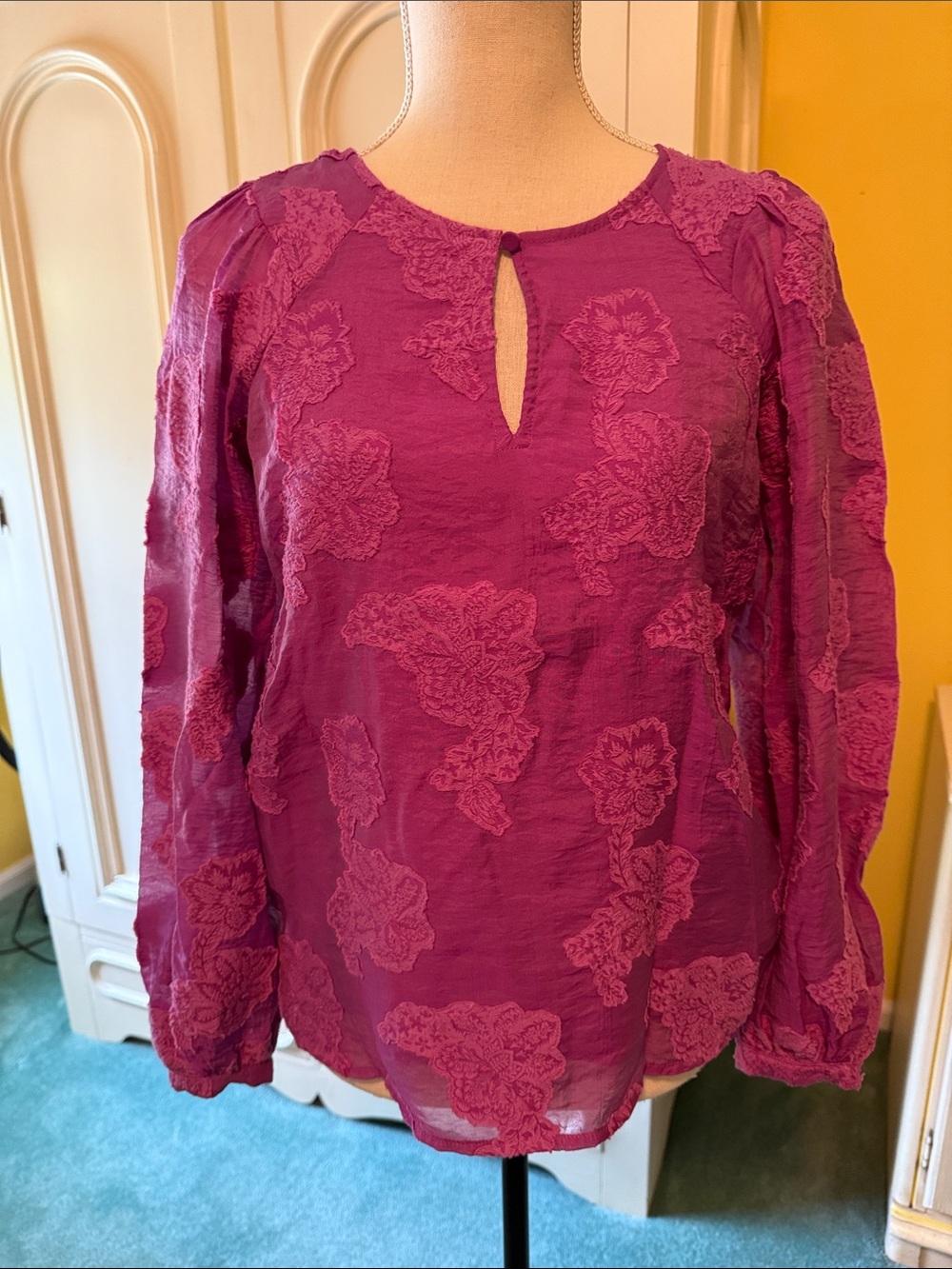 LOFT Magenta Floral Jacquard Long-Sleeve Blouse